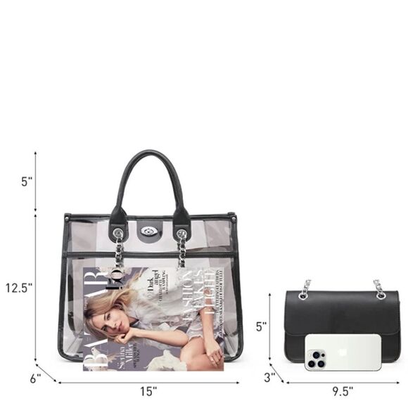 Large Clear Tote Bag Set Black - Picture 4 of 6